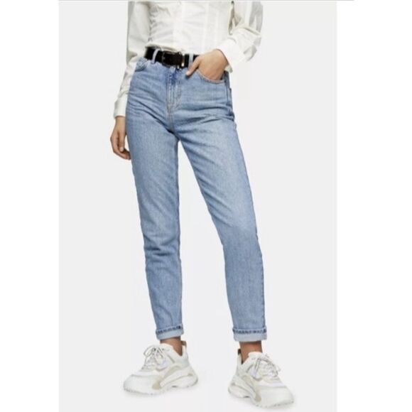Topshop Premium Mom Jeans High Rise‎ High Waisted Light Wash Denim Blue 32 x 32 - Picture 1 of 15